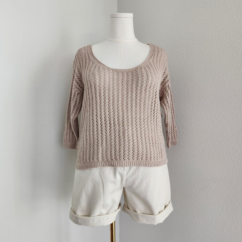 Vintage Y2K Beige Open Knit Crochet Scoop Neck 3/4 Sleeve Pullover Top M L